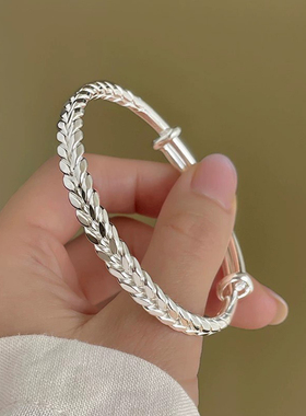 足银9999麦穗穗平安银手镯女款实心光面大麦银镯子小众设计送女友