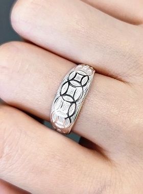 正品S990纯银钱币男士戒指开口可调节足银铜钱食指指环女个性潮流