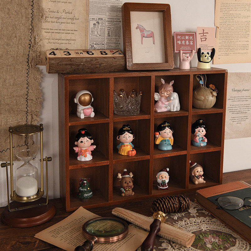 zakka复古桌面收纳盒木质收纳架十二宫格摆件盲盒置物架壁挂实木 - 图0
