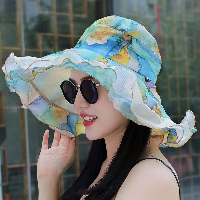 遮阳帽子女士韩版夏天大沿太阳帽出游防晒荷叶边沙滩帽防风可折叠
