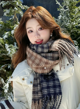 格纹双面仿羊绒针织围巾女秋冬季