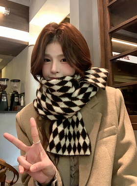 菱形格子针织羊毛围巾女冬季2026