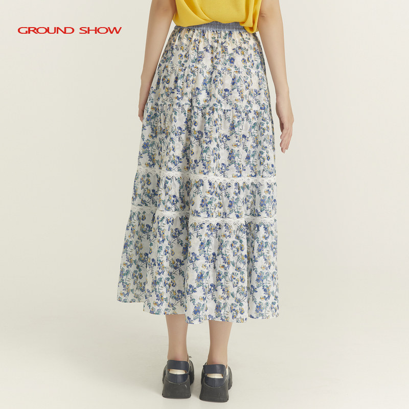 阁兰秀春夏蓝色碎花半身裙显瘦浪漫时尚蕾丝边A字裙商场同款女装
