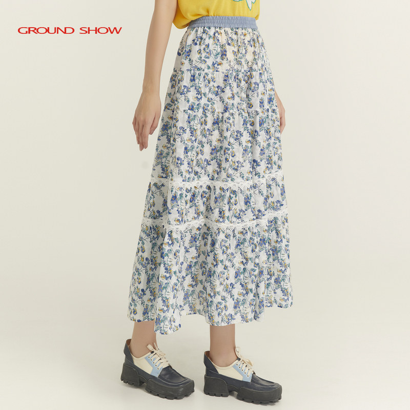 阁兰秀春夏蓝色碎花半身裙显瘦浪漫时尚蕾丝边A字裙商场同款女装