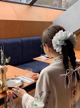 周美美同款蕾丝大肠发圈奶蓝泡芙蓝色格子发绳高级感大号肠圈发饰