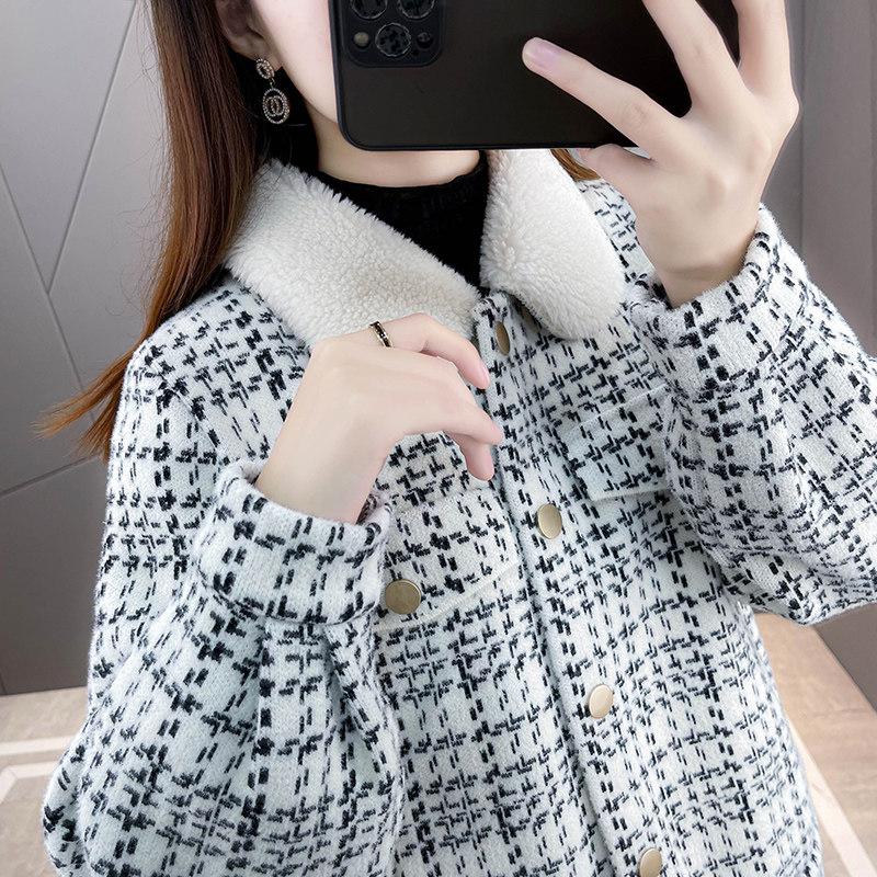 格子毛呢外套秋冬2022年新款上衣 米幽谷短外套