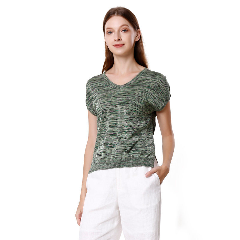 Anlom/娅奴新款桑蚕丝针织短袖薄款宽松V领显瘦套头针织衫上衣夏 - 图3