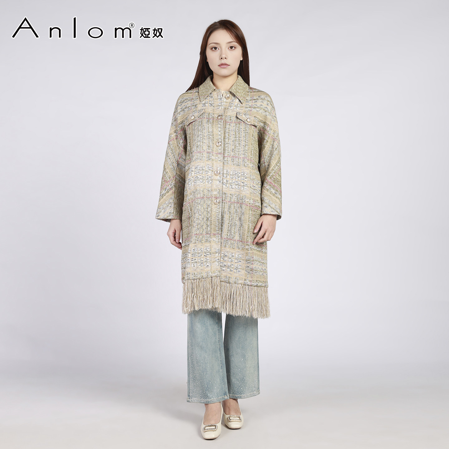 Anlom/娅奴冬季新款时尚百搭格子修身针织大衣女风衣,淘宝优惠券,粉丝福利购,淘宝优惠卷