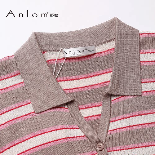 Anlom/娅奴桑蚕丝针织衫女夏镂空修身显瘦条纹薄款真丝V领短袖女 - 图1