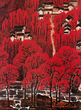 李可染《万山红遍》中式客厅中堂挂画玄关茶室植物风景装饰画高清