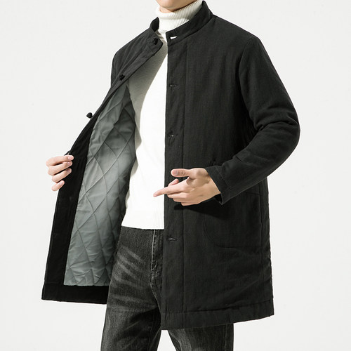 男士加棉加厚中山装外套秋冬季中长款亚麻棉衣中国风大码唐装棉服 - 图0