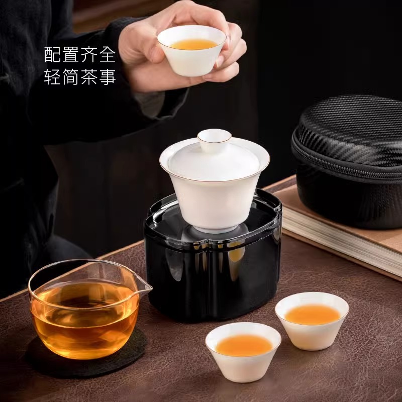 便携式旅行茶具小套装一壶三杯旅游快客杯盖碗收纳包羊脂玉瓷 - 图1