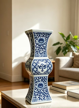 仿古青花瓷缠枝莲做旧老物件景德镇陶瓷器四方花瓶客厅博古架摆件