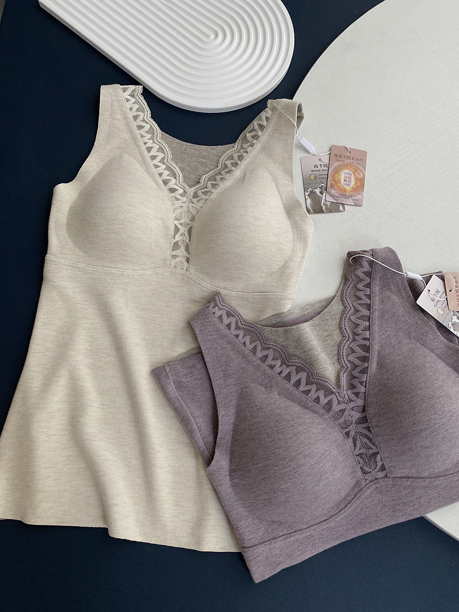 蚕丝羊绒4022秋冬蚕丝羊绒花边保暖舒适背心V领打底磨毛无痕内衣,淘宝优惠券,粉丝福利购,淘宝优惠卷