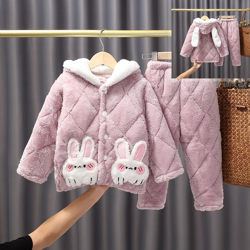 冬季女童戴帽保暖夹棉粉色加厚珊瑚绒小女孩睡衣法兰绒儿童家居服,淘宝优惠券,粉丝福利购,淘宝优惠卷