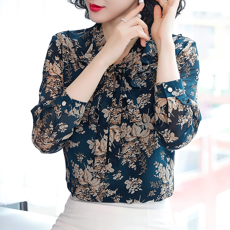 铂伊旗舰店碎花上衣女秋装新款气质长袖大码洋气打底小衫遮肚子雪纺衬衫2