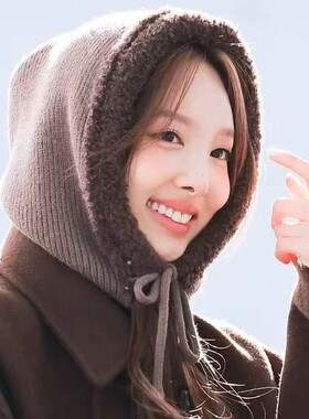 林娜琏同款针织连脖包头保暖帽女