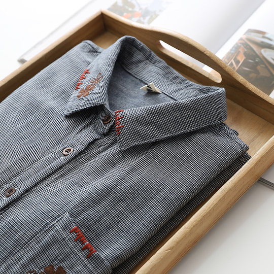 简约百搭高品质双层棉纱小格子衬衣宽松休闲千鸟格刺绣长袖衬衫女