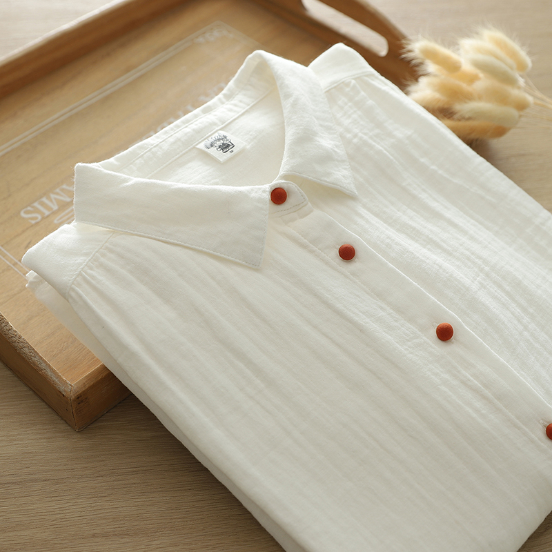 小清新纯棉双层棉纱衬衫女长袖宽松文艺春秋装彩扣翻领衬衣女上衣 - 图2