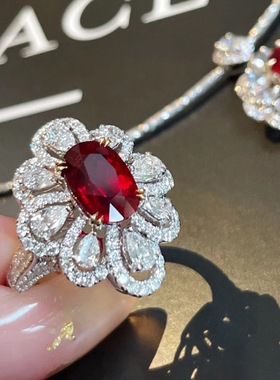原创显白出口复古vintage古董款镀18k金人工再生鸽血红宝石戒指女