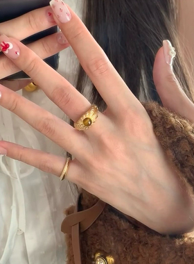 秋意浓~温暖虎眼石高级复古拉丝镶钻金色开口戒指指环男女情侣ins