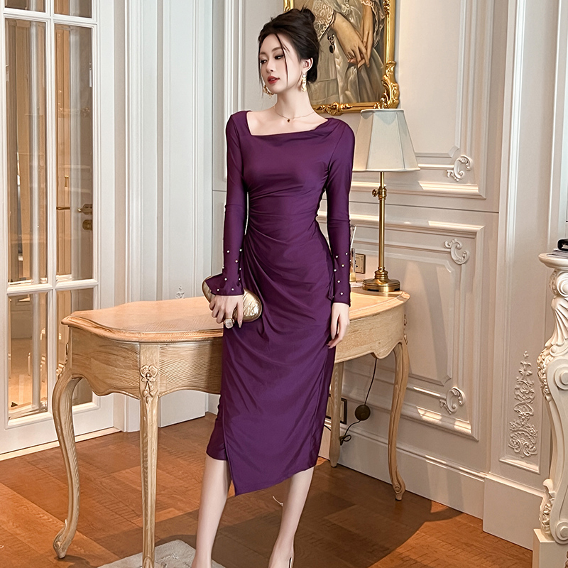 配大衣喇叭袖连衣裙2新款秋女小众设计感打底修身显瘦内搭长裙 - 图1