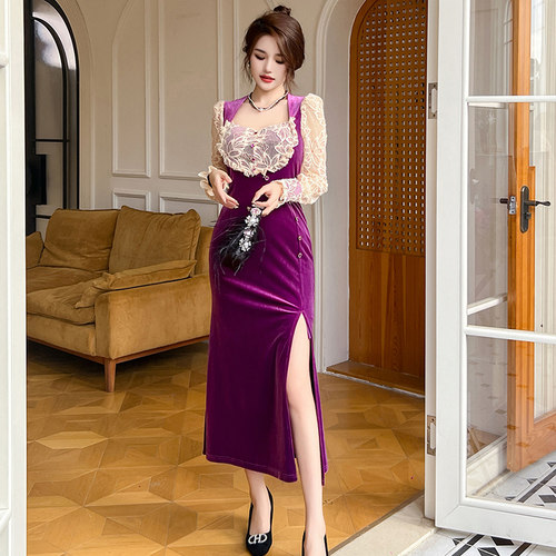 晚礼服女2024新款高级感富家千金优雅气质方领长袖拼接丝绒连衣裙 - 图2