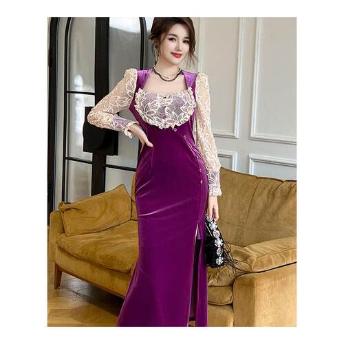 晚礼服女2024新款高级感富家千金优雅气质方领长袖拼接丝绒连衣裙 - 图3