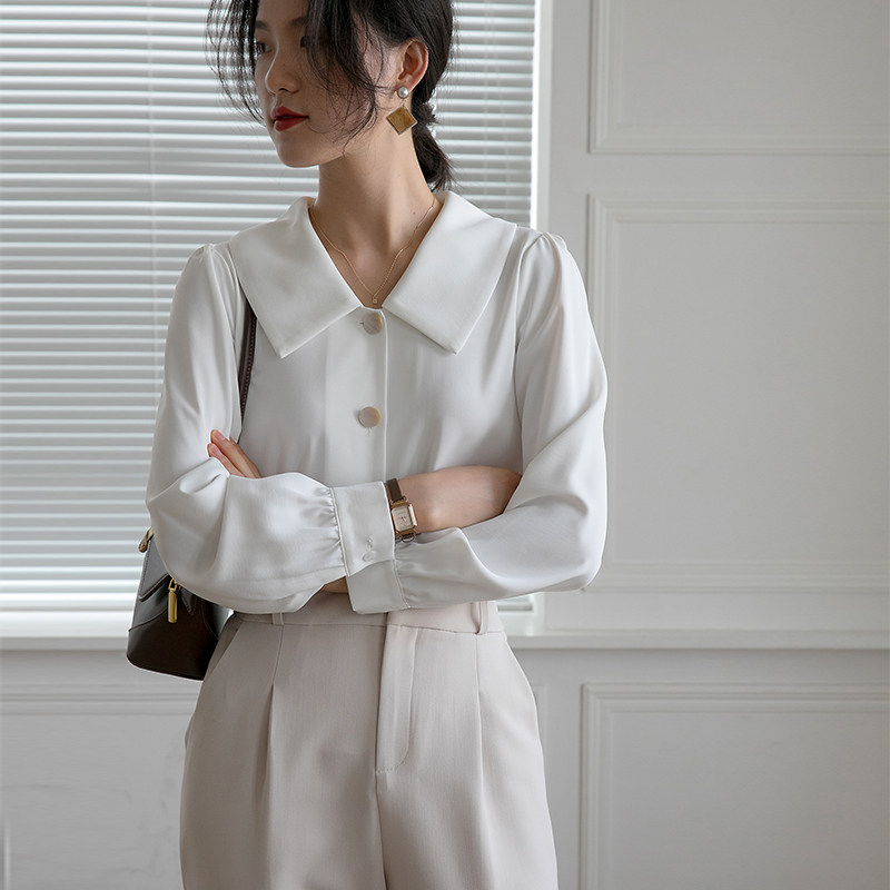 2021年新款娃娃领v领长袖白衬衫 原水衬衫