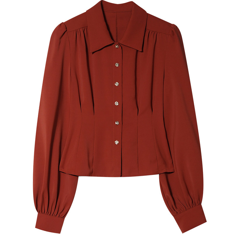 法式泡泡袖红色雪纺女设计感衬衫 原水衬衫