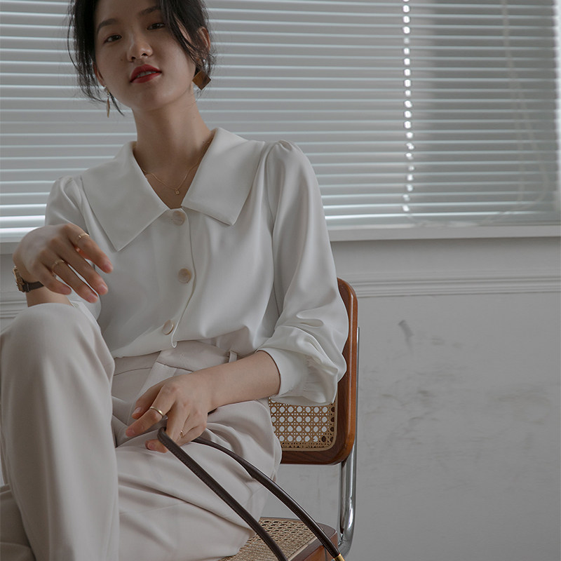 2021年新款娃娃领v领长袖白衬衫 原水衬衫