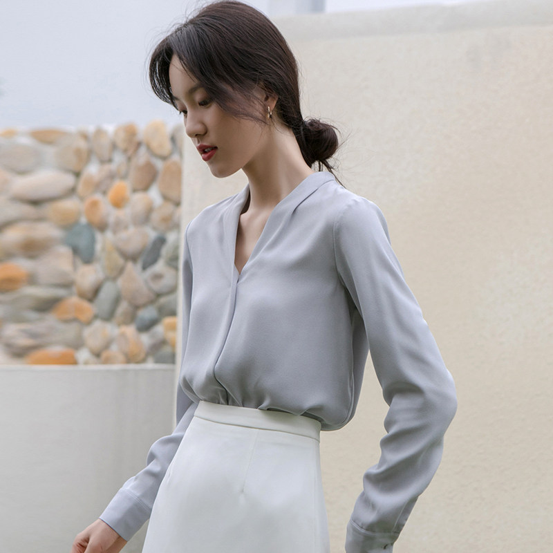 v领雪纺蓝色长袖设计感小众衬衫 原水衬衫