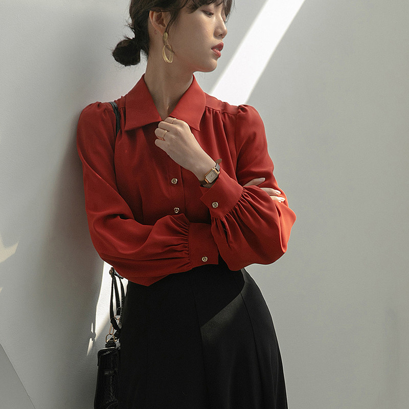 法式泡泡袖红色雪纺女设计感衬衫 原水衬衫