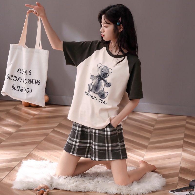 带胸垫夏季纯棉短袖可爱小熊睡衣 苏腾睡衣/家居服套装