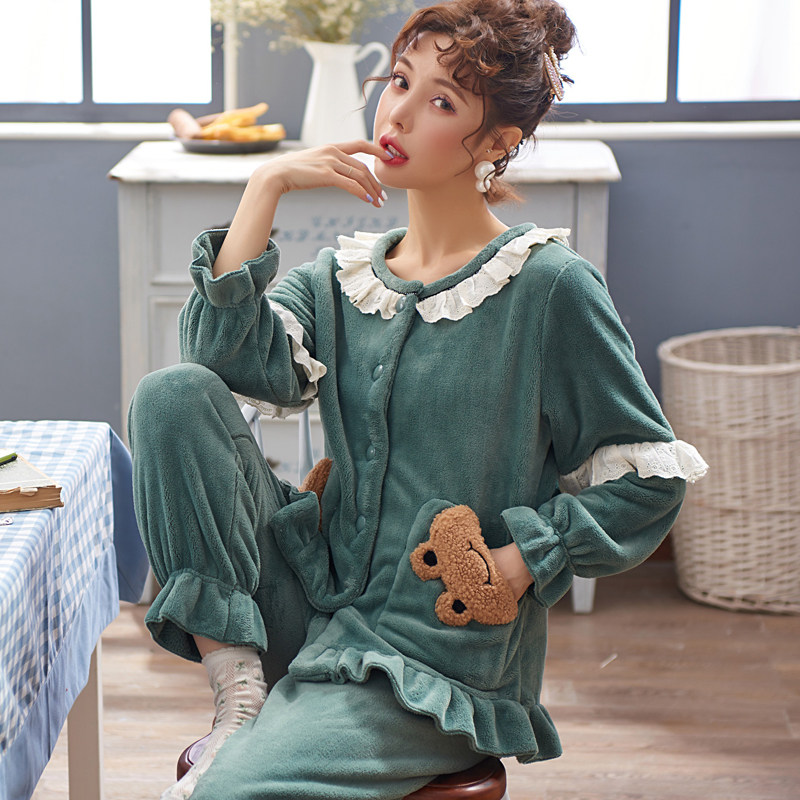 秋冬季11月份10加绒法兰绒产后睡衣 媛靡哺乳衣/月子服