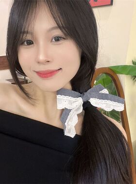 新款灰色拼蕾丝蝴蝶结发夹甜美少女马尾一字夹发卡洋气弹簧夹头饰