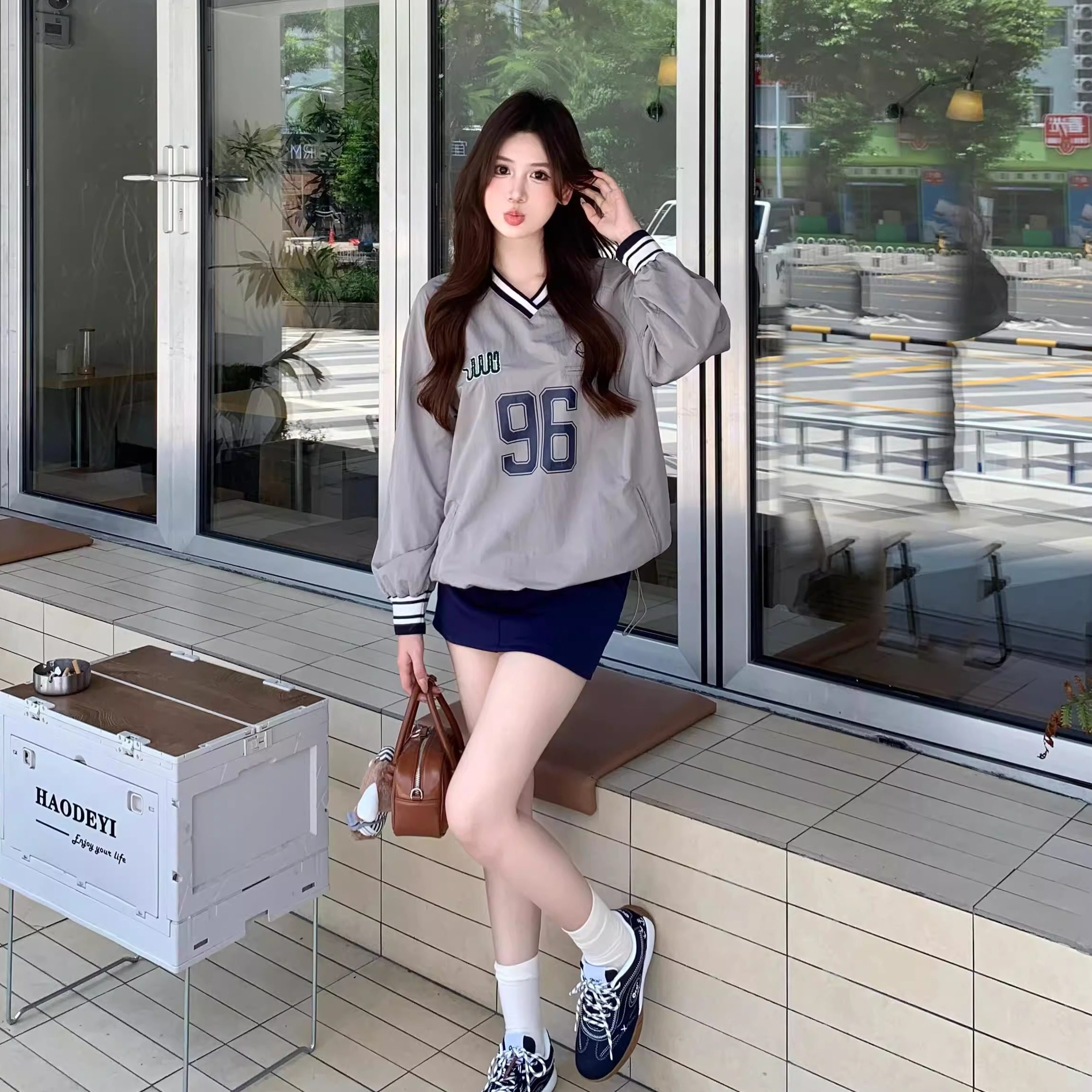 韩国潮牌nieeh卫衣Jennie同款美式复古v领球衣96号宽松冲锋衣上衣