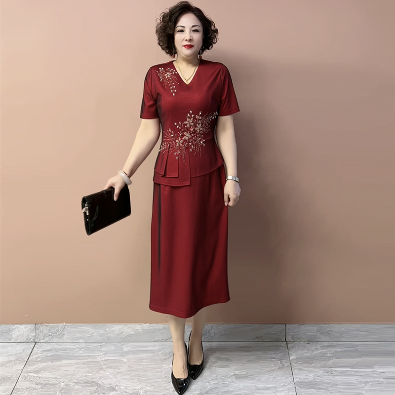 夏季短袖喜婆婆婚宴中年妈妈大码高贵礼服长款假两件镶钻连衣裙女