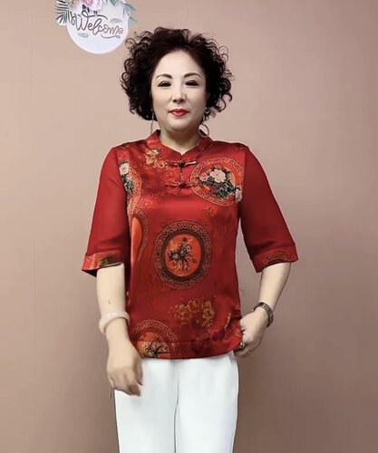 春夏新款丝缎衬衫时尚减龄中老年妈妈装盘扣宽松大码遮肉真丝T恤 - 图0