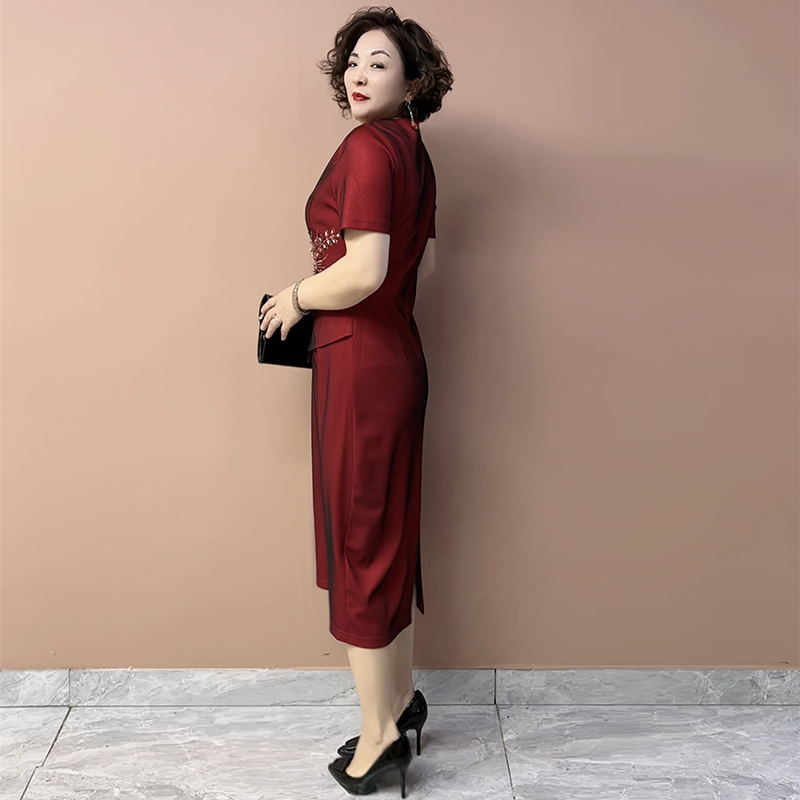 夏季短袖喜婆婆婚宴中年妈妈大码高贵礼服长款假两件镶钻连衣裙女