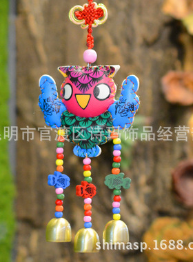 民族风皮制猫头鹰风铃新款手工图彩皮多色3铃幼儿园挂饰挂件