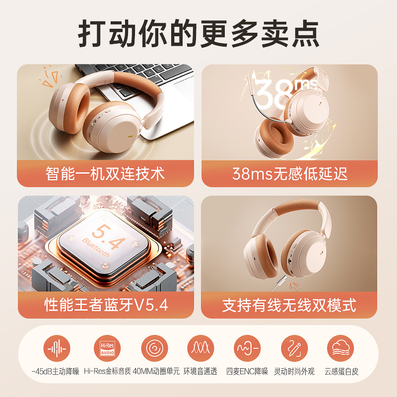 iKF Fit主动降噪头戴式蓝牙耳机无线游戏电竞耳麦长待机2025新款
