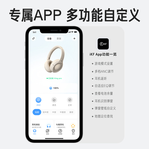 iKFKingPro主动降噪ANC头戴式耳机无线蓝牙长续航消噪穿搭复古