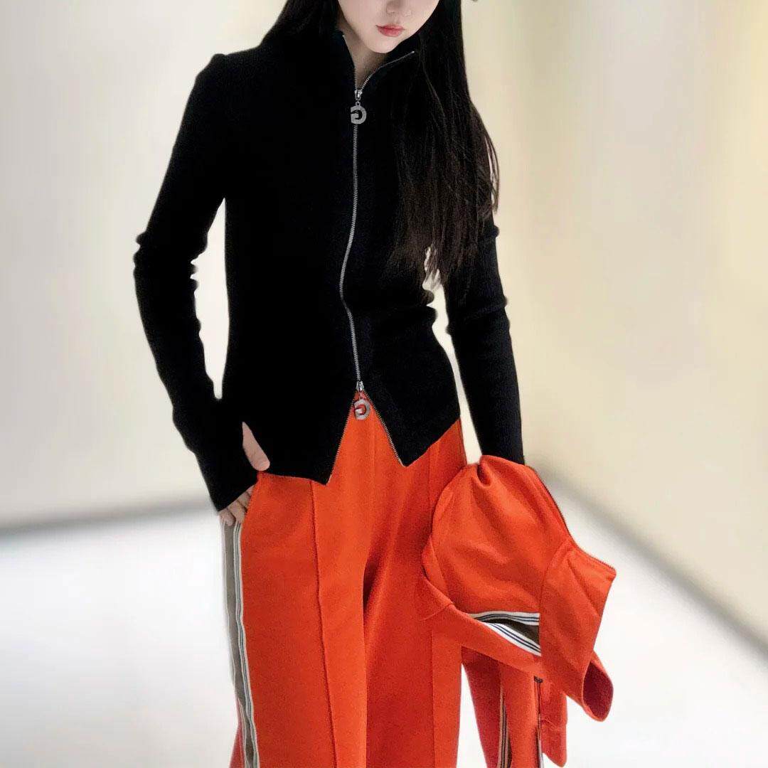 商场同款女装2025早秋新款修身立领双头拉链竖坑条针织开衫短外套