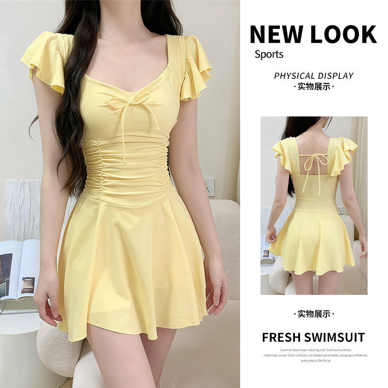 2025新款泳衣女连体纯色简约甜美裙式修身显瘦保守度假泡温泉泳装,淘宝优惠券,粉丝福利购,淘宝优惠卷