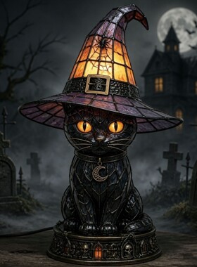 万圣节黑猫女巫帽灯摆件装饰