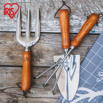 IRIS Gardening Small Shovel Suit Stainless Steel Tool Gardening Planting Wood Handle Iron Shovel Rake Rake Tool Three Sets
