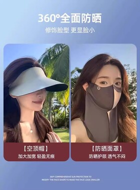 日本新款全脸防晒面罩女防紫外线夏季冰丝遮阳帽子口罩护颈一体