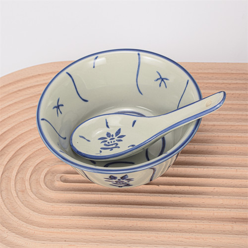 怀旧手绘陶瓷碗米饭碗民国葵斗碗竹花碗汤碗加厚凉茶碗青花碗勺 - 图1