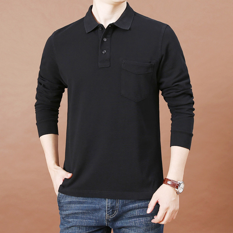 春秋季水洗纯棉纯色宽松翻领polo衫 简顿T恤